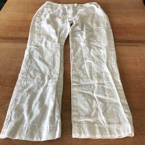 Jaegar 100% Linen Flared Pants Women 12 Beige High Rise Stretch Pocket Hippie